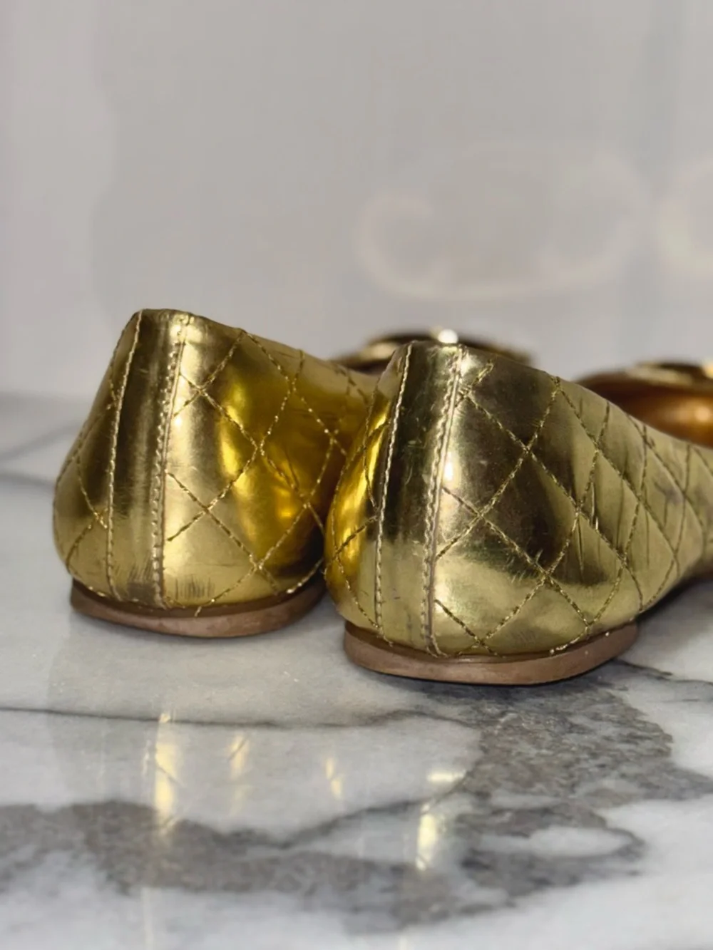 Tory Burch Quinn Metallic Gold Quilted Logo Slip-On Ballet Flats